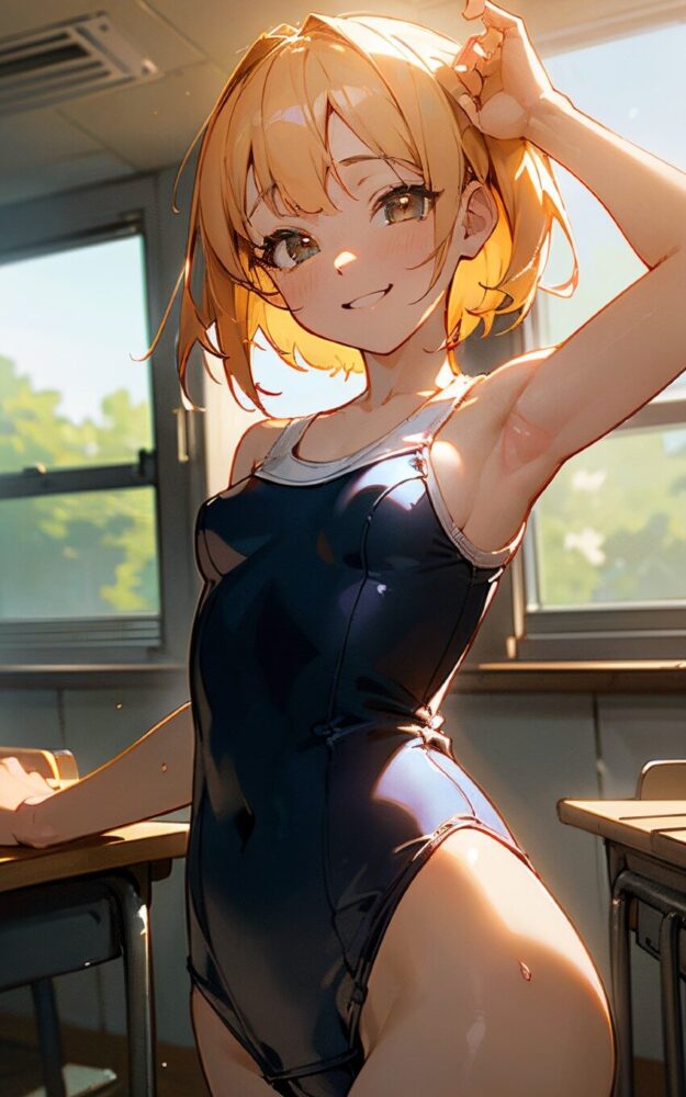 スクール水着のワキみせ金髪美少女