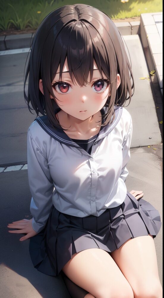 地面に座りながらこちらを見上げる制服姿の美少女