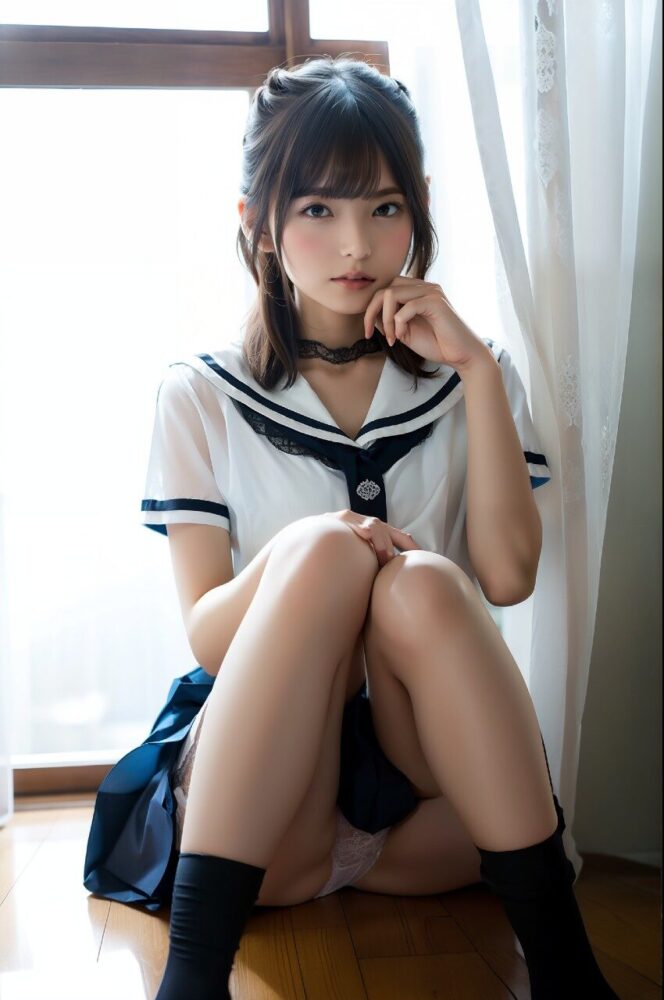 坂道系女子高生の制服しゃがみ純白パンチラ