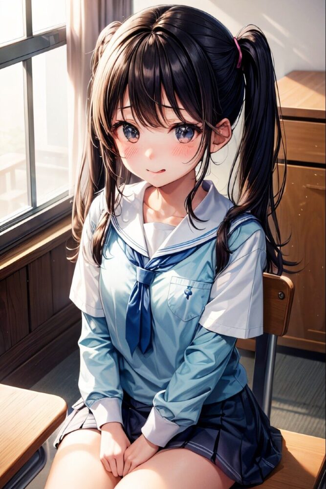 教室で恥ずかしそうにもじもじしているツインテールの制服美少女