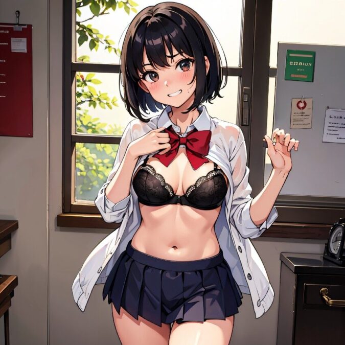 照れながら制服を脱ぐ女子高生