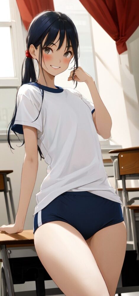 ブルマ体操服の黒髪ロング貧乳美少女
