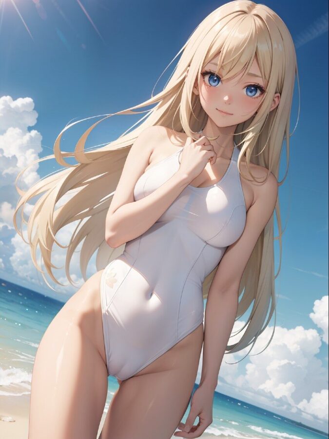 白スクール水着の金髪巨乳美少女