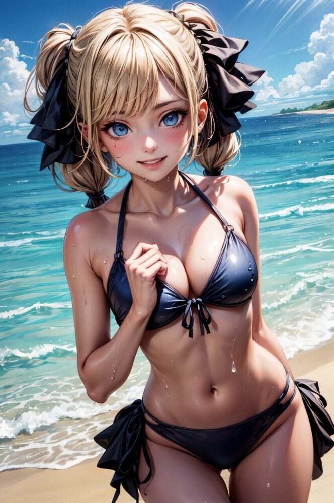 黒ビキニの金髪巨乳美少女
