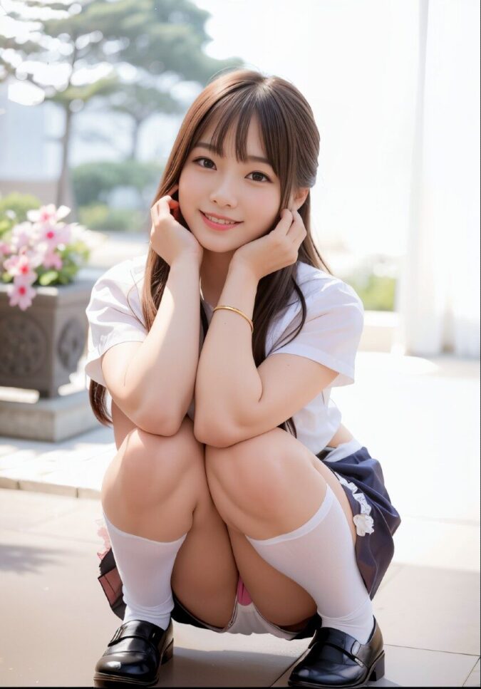 制服女子高生のしゃがみパンチラ