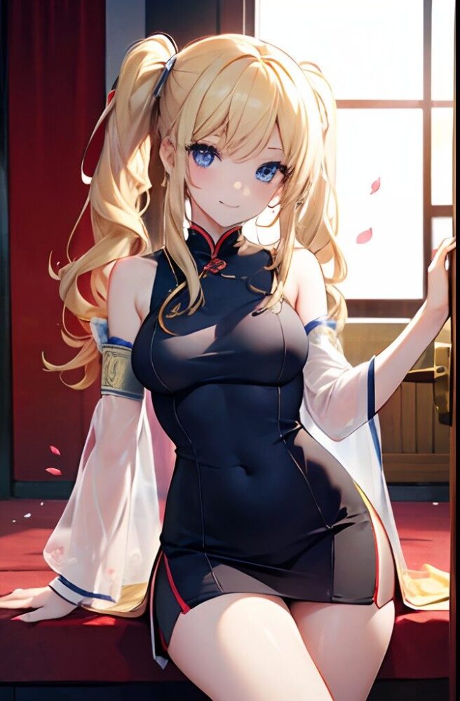 チャイナドレス姿の金髪ツインテール美少女