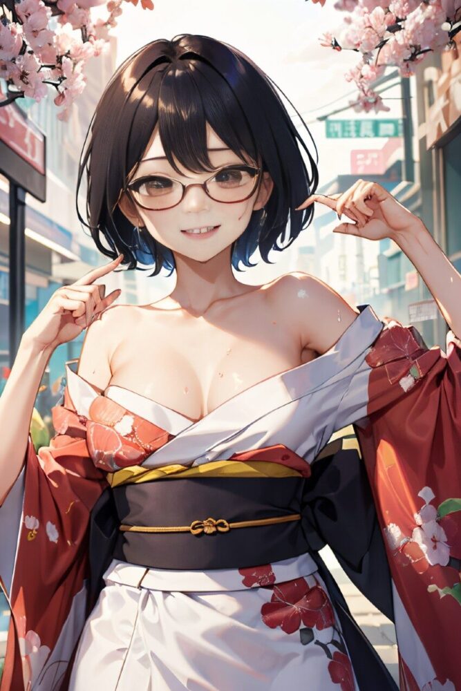 着物を半脱ぎの眼鏡美少女