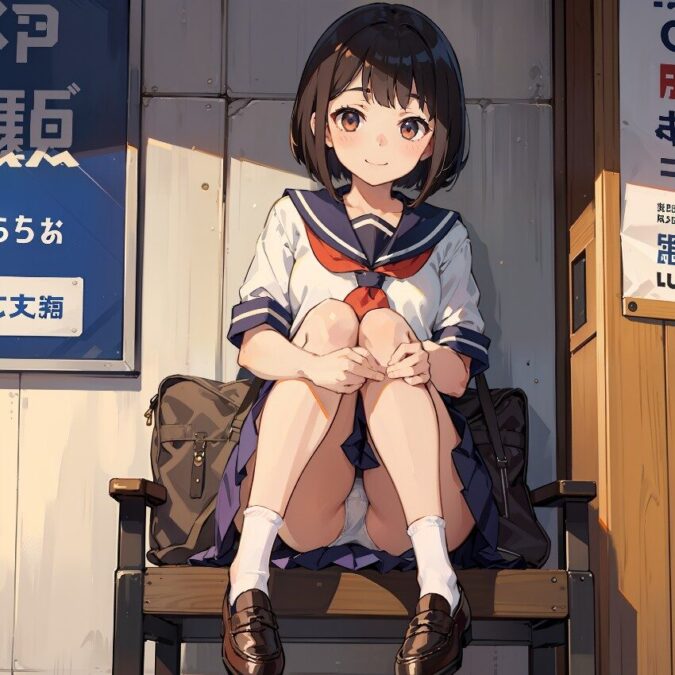 セーラー服女子高生の座りパンチラ