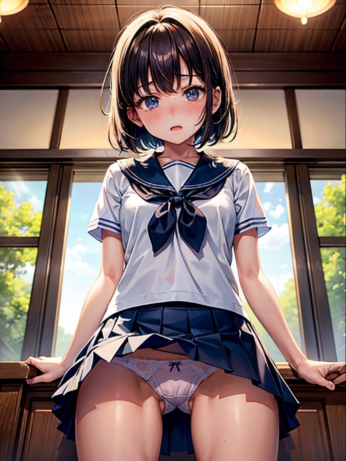 ミニスカ制服の美少女を下から見上げる