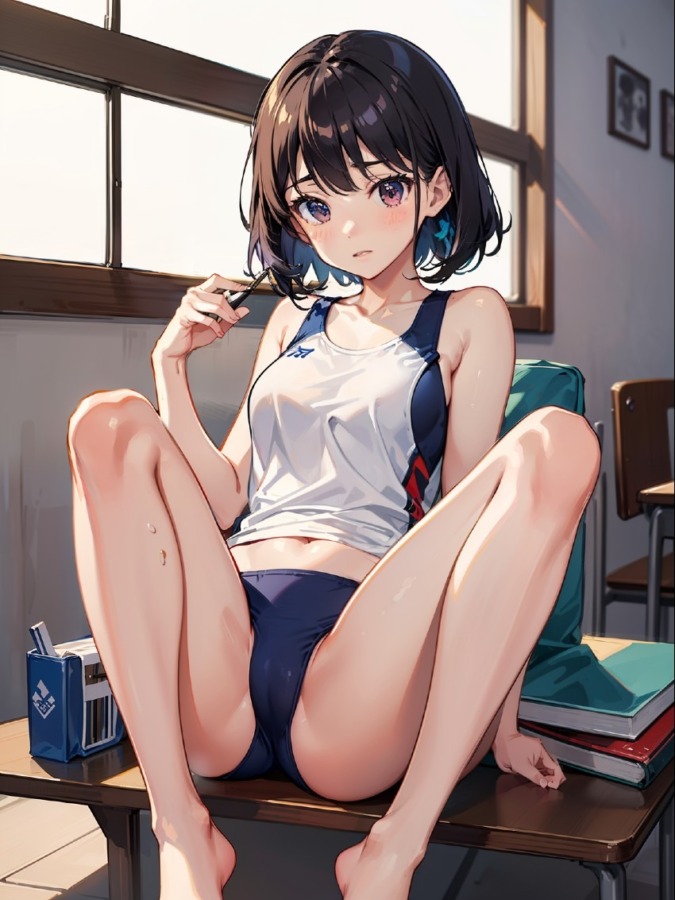 机の上でM字開脚をする陸上女子
