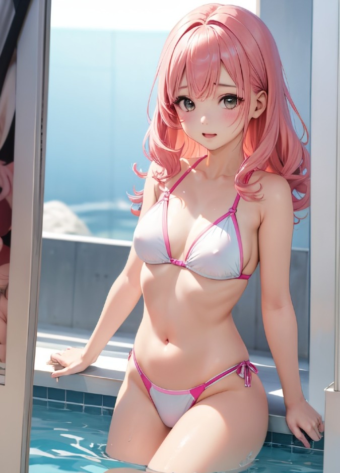 白いビキニの貧乳美少女