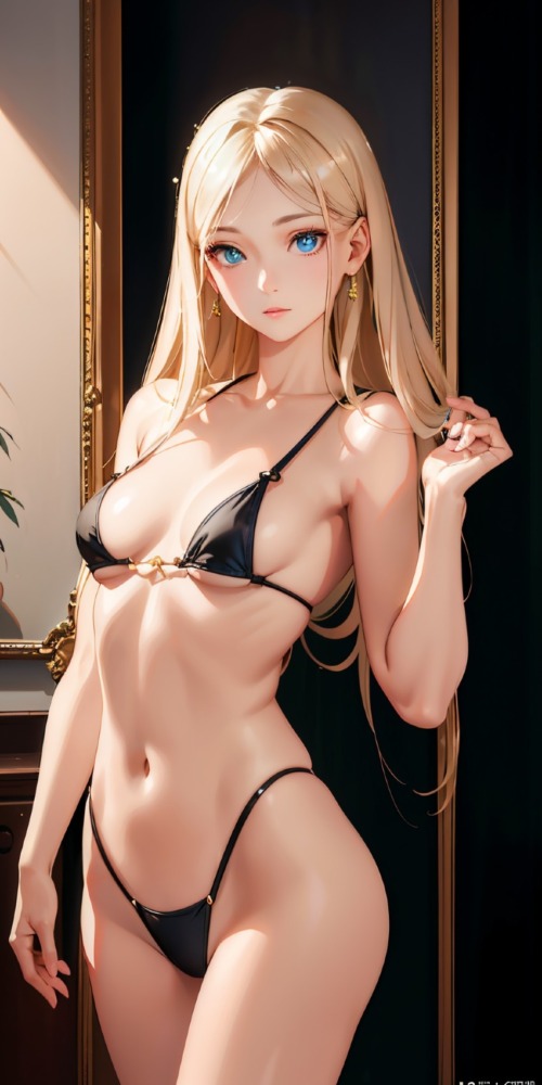 金髪貧乳美少女の黒マイクロビキニ
