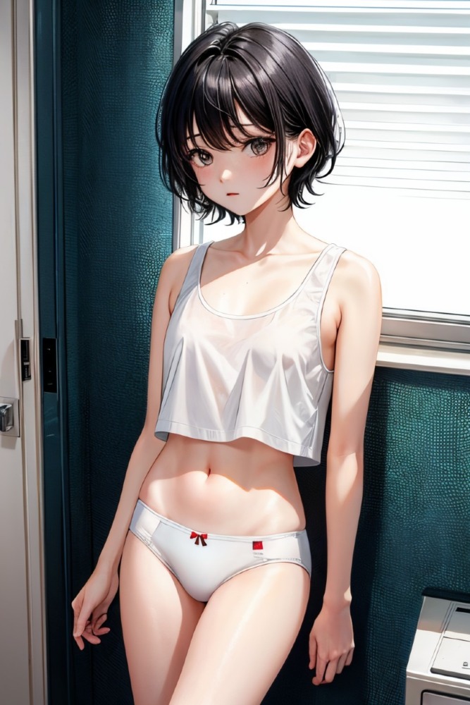 白い下着姿の黒髪ショートヘア美少女