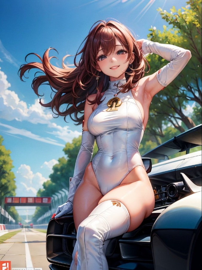白いレオタードタイプ衣装の巨乳レースクィーン