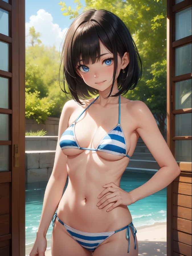 ボーダーマイクロビキニを着た黒髪ボブヘアの美少女