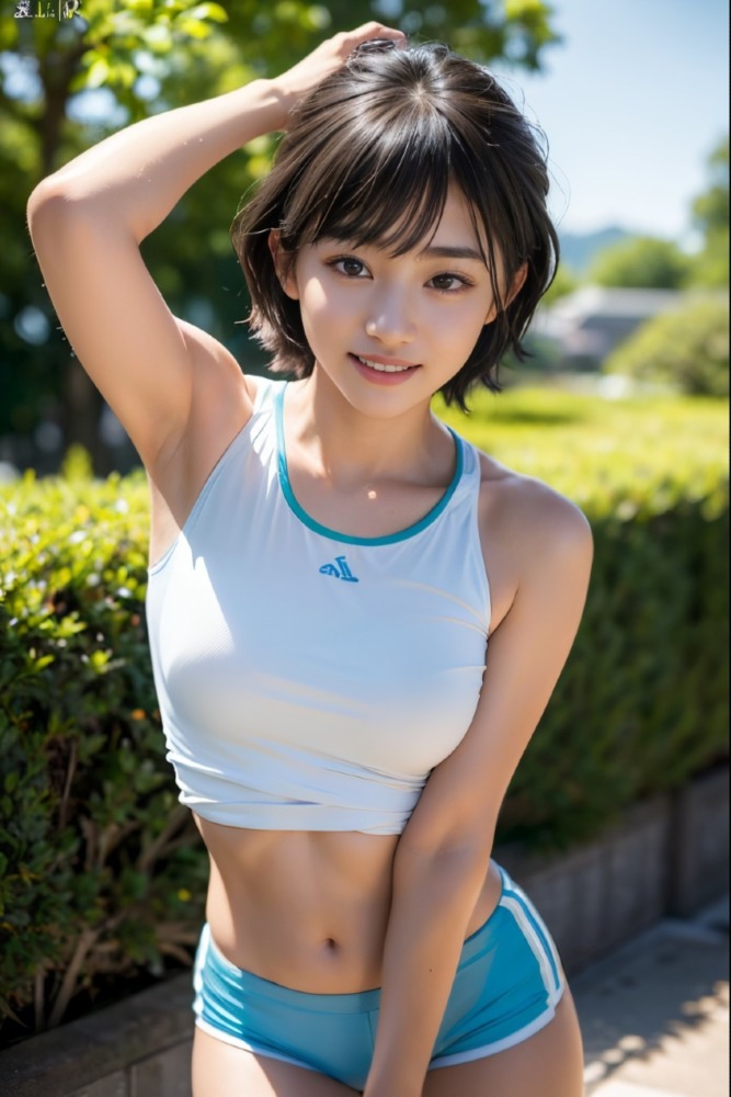 トレーニングウェアの黒髪ショートヘア美少女