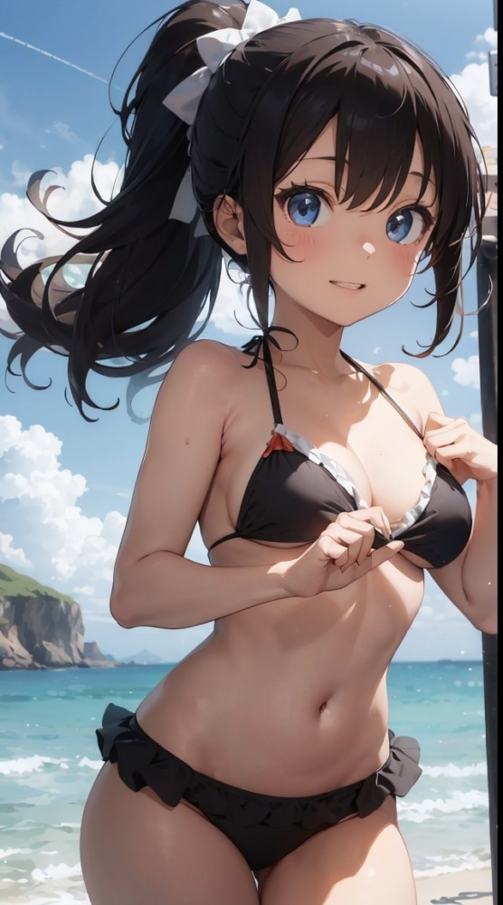 黒いフリルビキニのポニーテール美少女