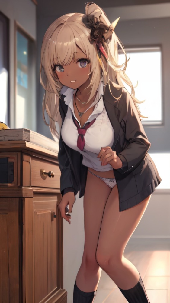 制服に着替え中の黒ギャル女子高生