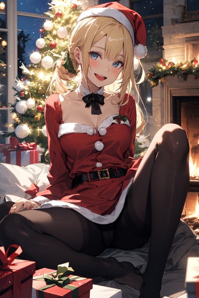 黒ストッキングサンタクロースコスプレ美少女の開脚パンチラ