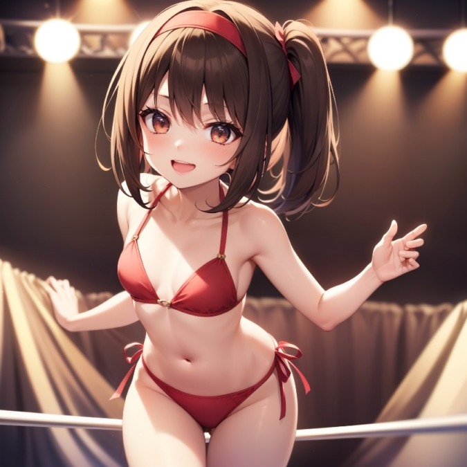 赤いマイクロビキニのロリ系女子プロレスラー
