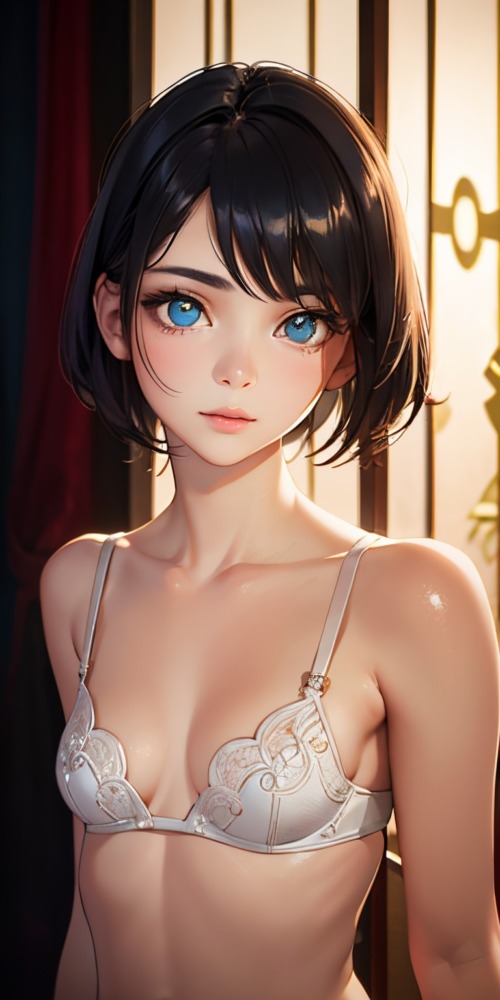 黒髪ショートヘアの貧乳美少女の下着姿