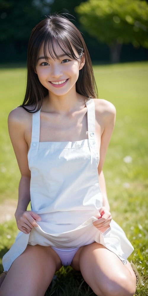 裸エプロンでしゃがみパンチラ美少女