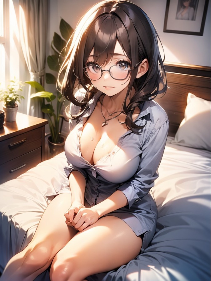 ベッドの上で待つ巨乳眼鏡美少女
