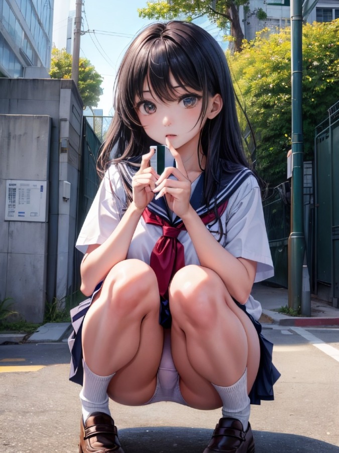 セーラー服(夏服)でしゃがみパンチラの女子高生