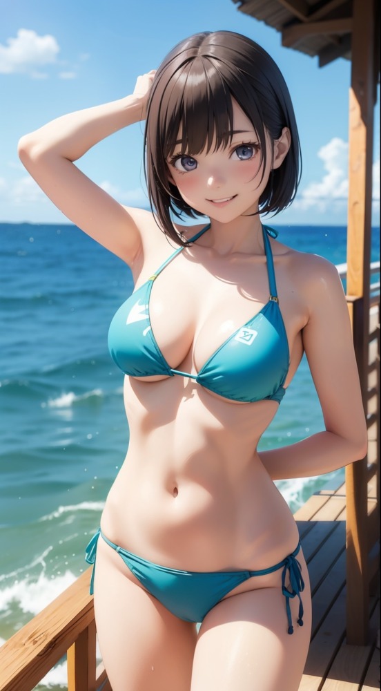 ビキニを着てはにかむ女子高生
