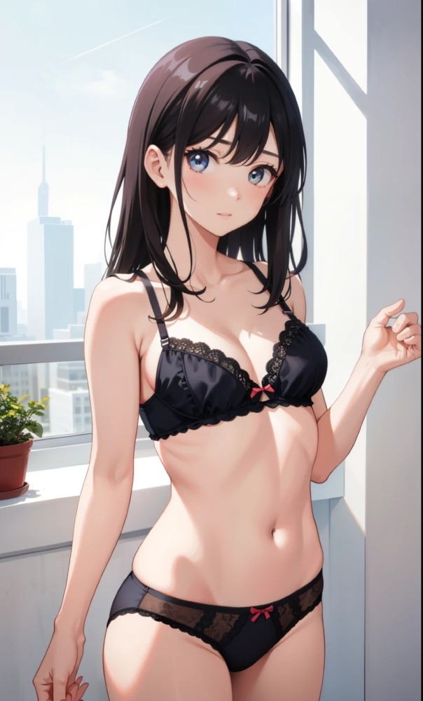背伸びしてセクシーな黒い下着を着た女子高生