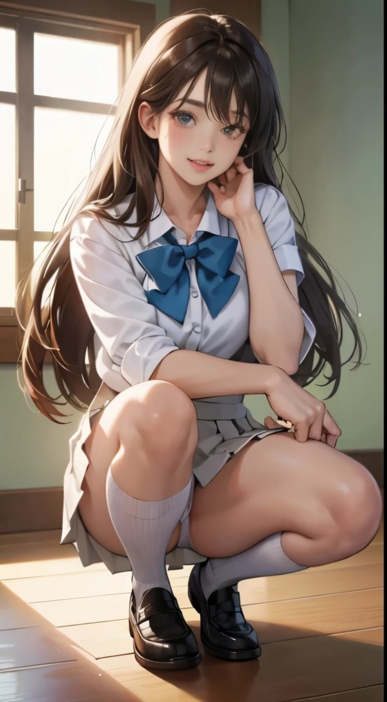 黒髪ロング制服女子高生のしゃがみパンチラ