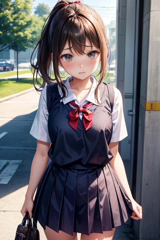 照れてモジモジしている女子高生