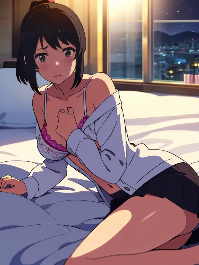 ベッドの上で恥ずかしそうに制服を脱ぐ女子高生