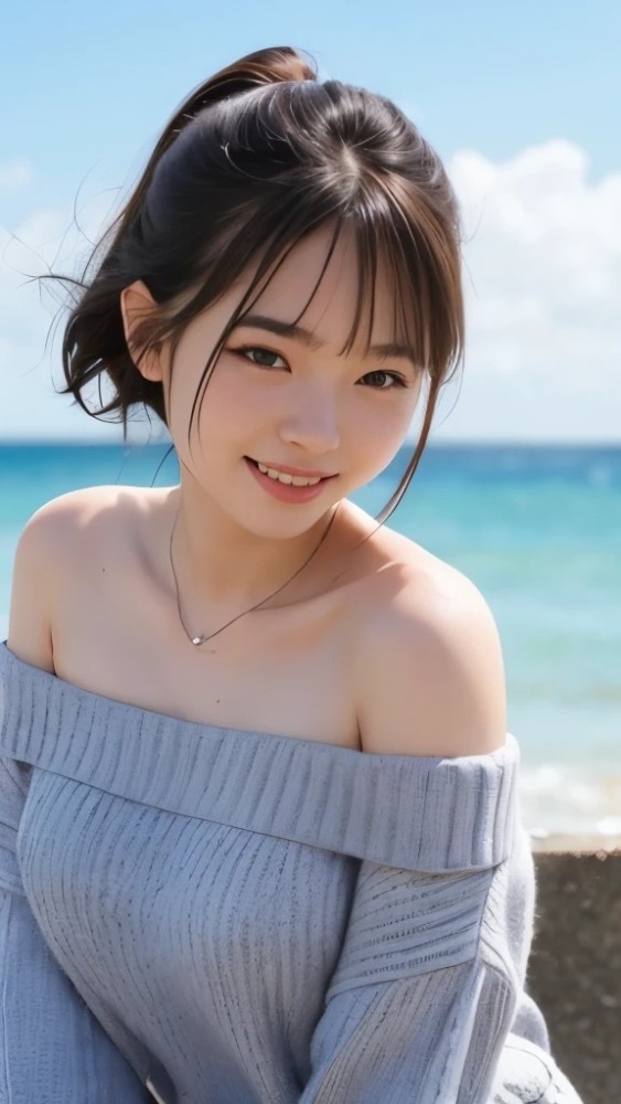 肩出しニットワンピース美少女