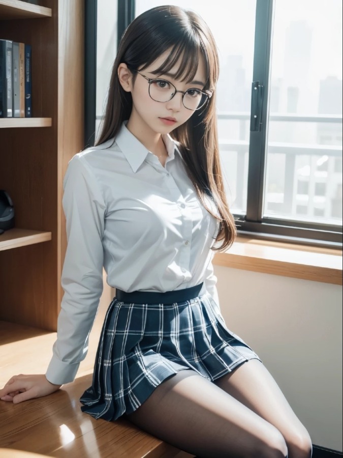 巨乳メガネ制服黒ストッキング女子高生