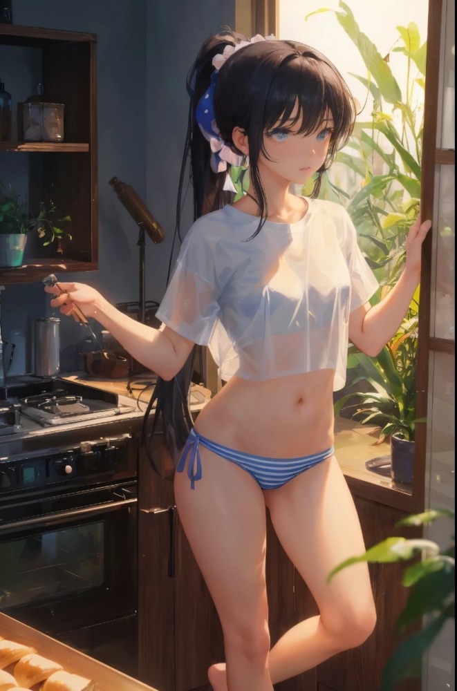 ビキニを着たまま料理をする美少女
