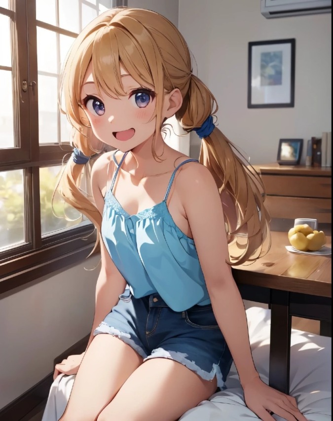キャミソール姿の金髪貧乳美少女
