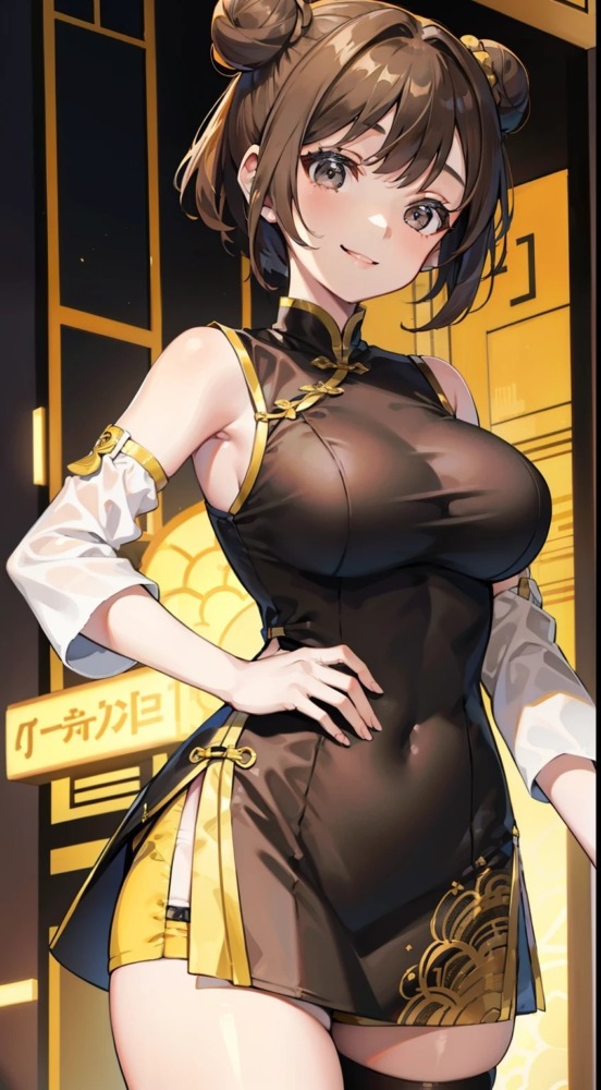 お団子ヘアーの巨乳チャイナドレス美少女