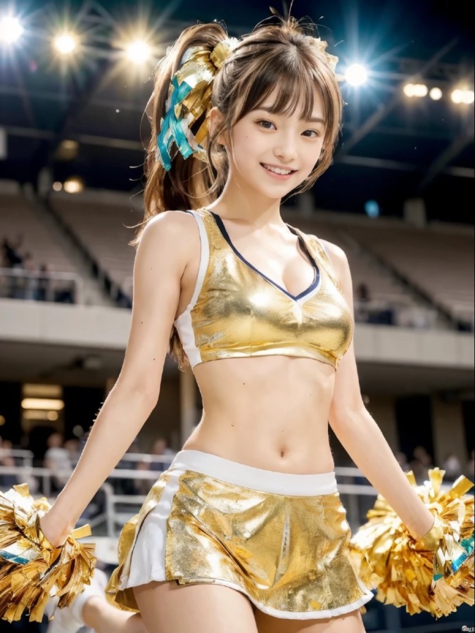 金色のゴージャスなコスチュームのチアガール
