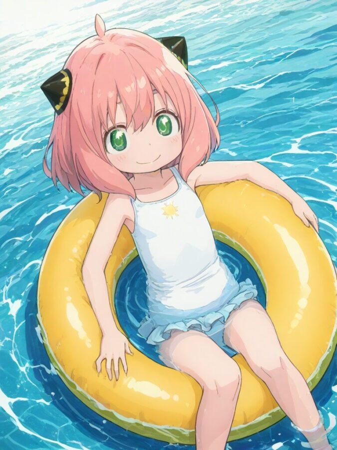 白いワンピース水着で浮き輪で浮かんでいるアーニャ
