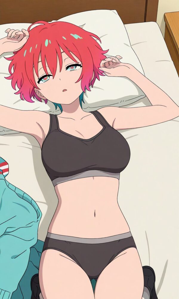 下着姿でベッドに横たわるマチュ