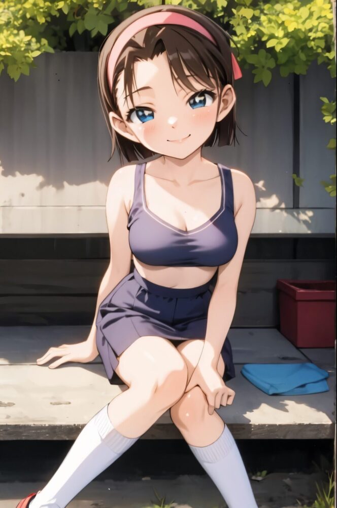 服を半脱ぎでスポーツブラになった吉田歩美