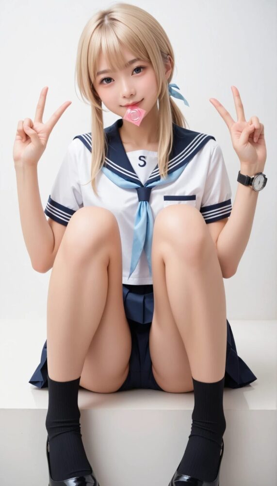 コンドームをくわえているセーラー服の女子校生
