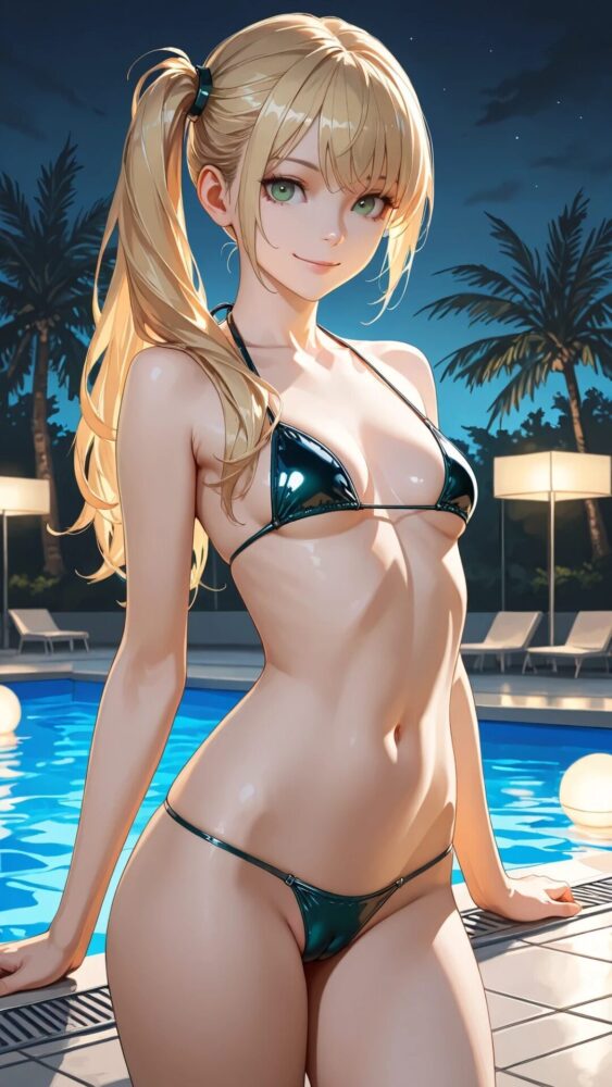 マイクロビキニを着た金髪サイドポニーテール美少女