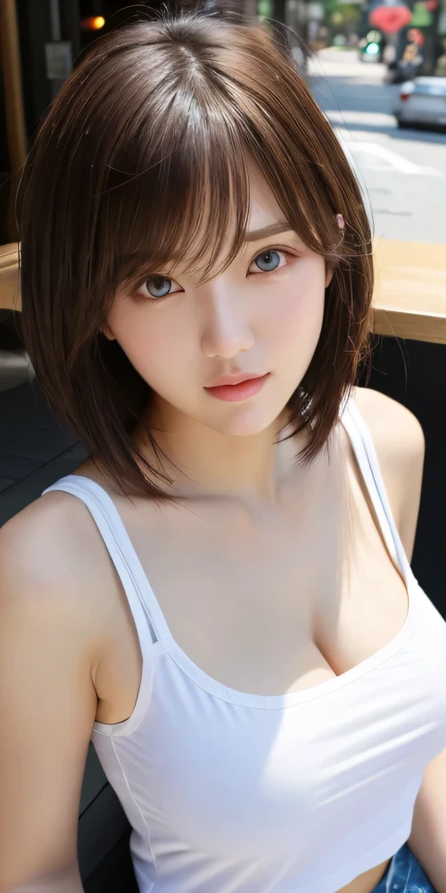白いタンクトップを着た巨乳美少女
