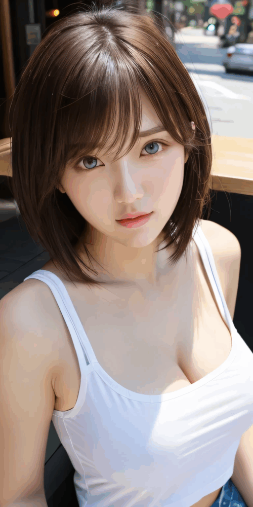 白いタンクトップを着た巨乳美少女