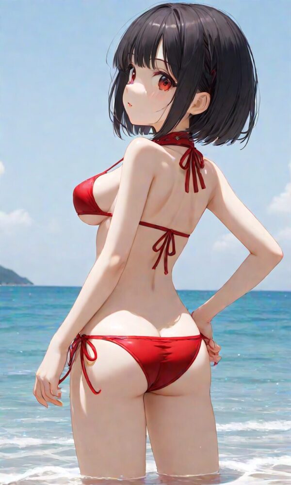 真っ赤なマイクロビキニの巨乳ロリ