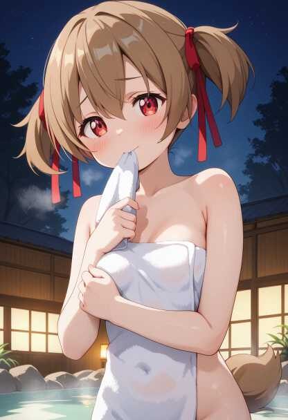 恥ずかしそうに温泉に入る犬系貧乳美少女