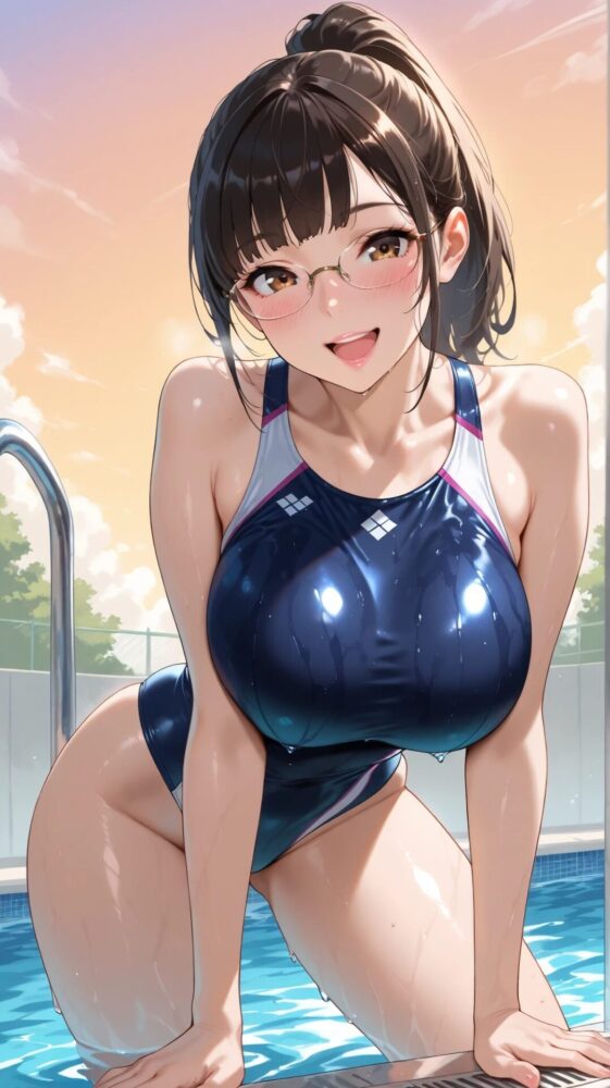 競泳水着姿の巨乳メガネ美少女