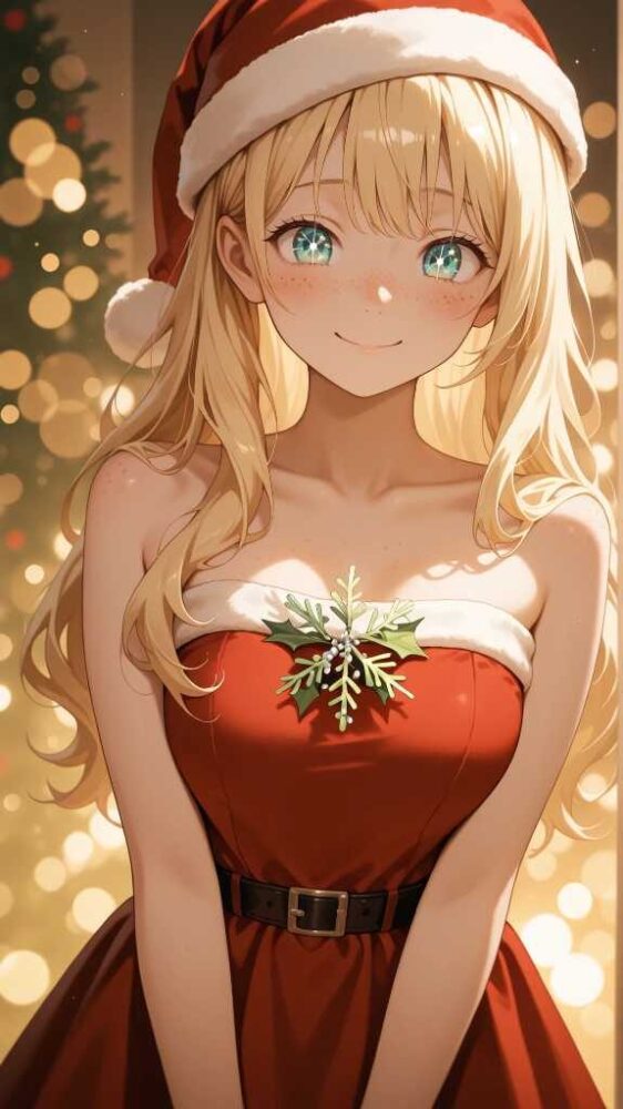 クリスマスデートでサンタ風のドレスを着た美少女